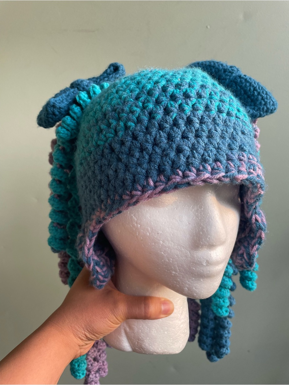 Handknit Cosplay Halloween kawaii hat w/ curly ponytails and bows *one of a kind